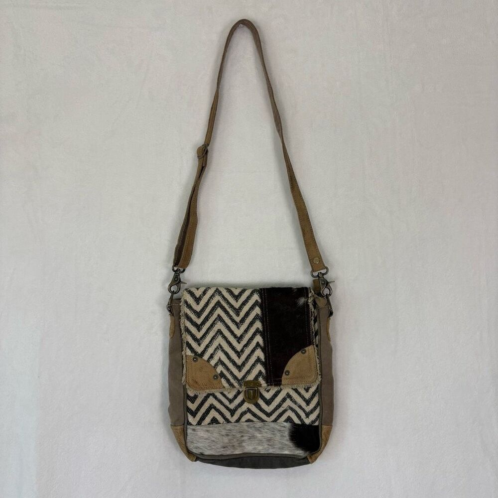 Myra Bag Grey Zig Zag with Fur Detail Flap Closure Crossbody Purse
